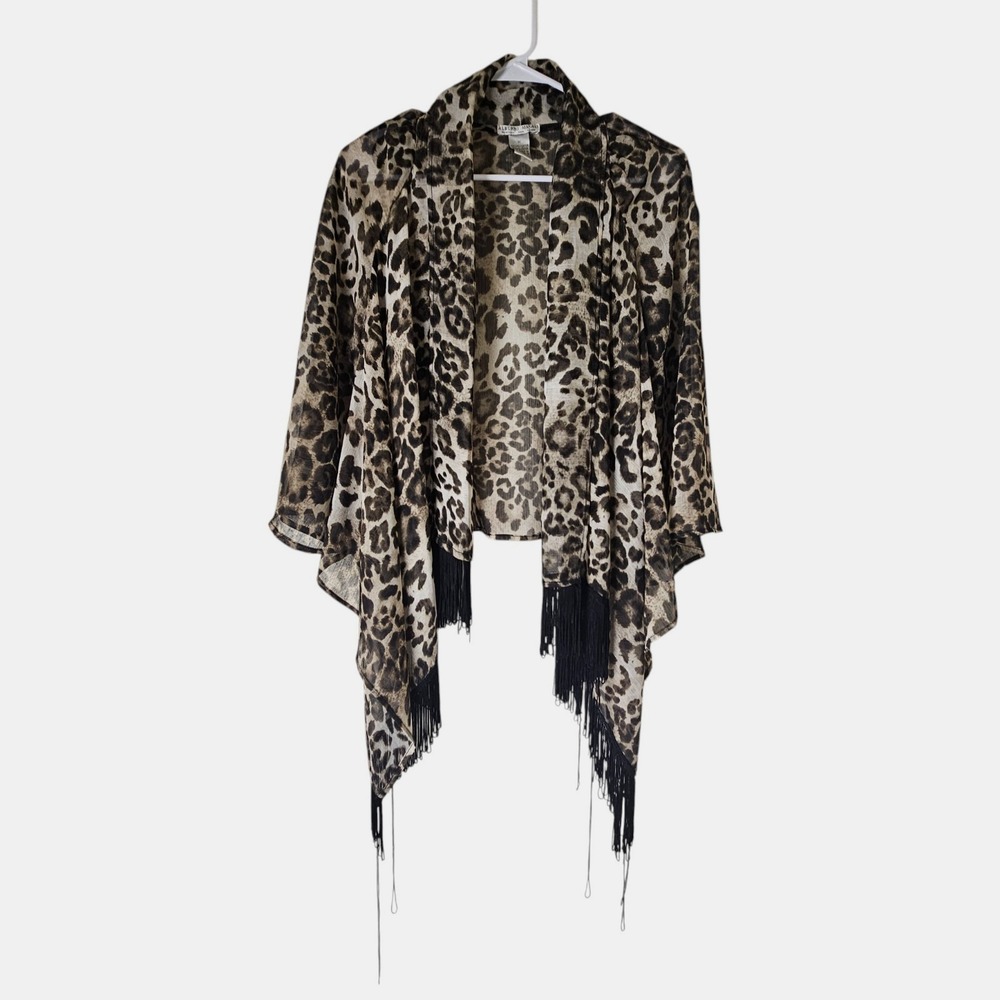 Alberto Makali‎ Leopard Print Fringe Kimono Cardigan M Open Front Boho Glam